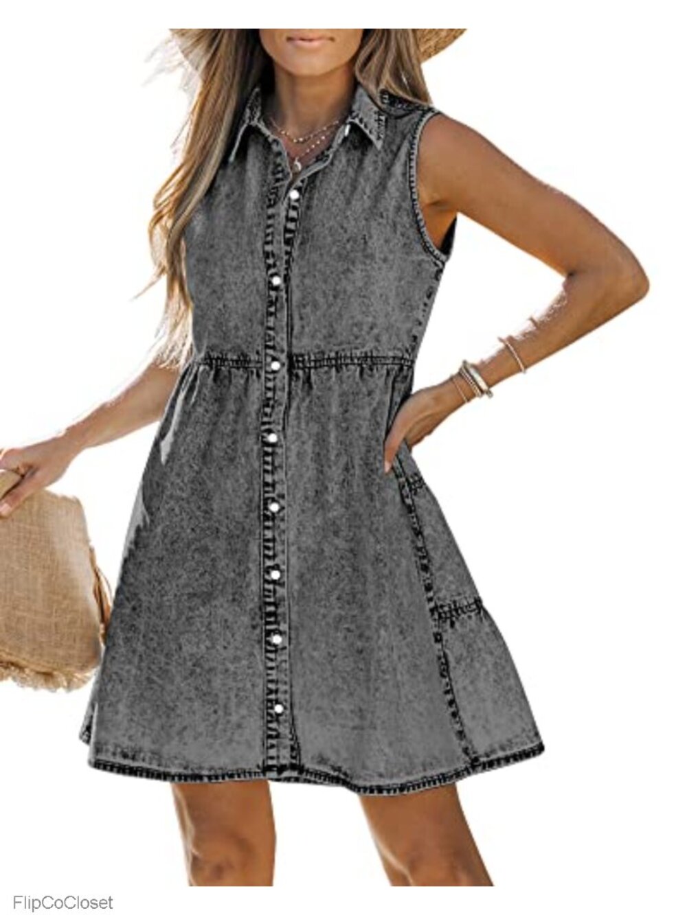 Sleeveless Denim Babydoll Button Down Dress Cute Summer Outfits